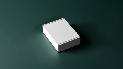 Camera pivoting white cardboard box rotating to front view on dark green tabletop, shifting angle - Powered by Adobe