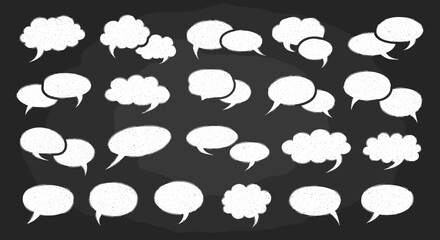A collection of textured speech bubbles and chat icons on a dark background.