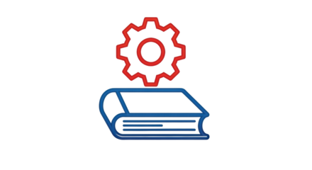 Isolated icon of a gear wheel above a book for technical training or documentation usage