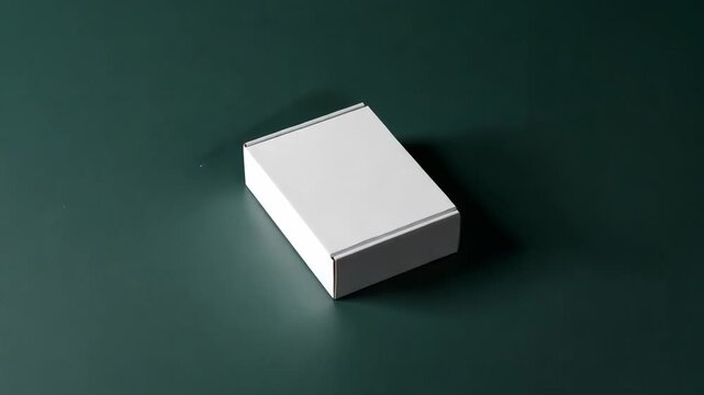 Camera pivoting white cardboard box rotating to front view on dark green tabletop, shifting angle