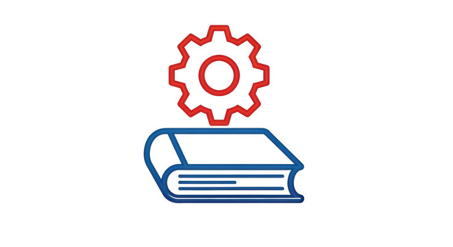 Isolated icon of a gear wheel above a book for technical training or documentation usage