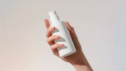 Entering female hand rotating white pump bottle for label showcase at studio, product display - Powered by Adobe