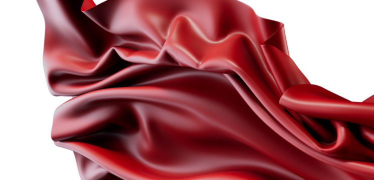 Close-up shot of a smooth, flowing red silk fabric. The luxurious texture is highlighted with subtle folds and waves, creating a sense of elegan