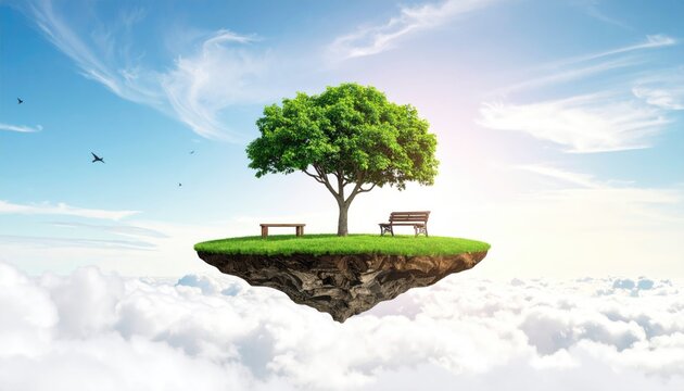 Floating island with a tree and bench in a cloudy sky