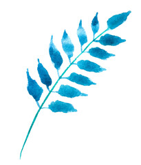 blue turquoise leaves, hand drawn watercolor element, isolated on white background