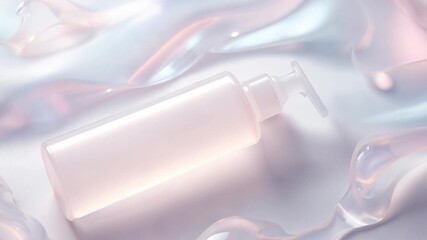 Lighting shifting revealing contours of translucent lotion pump bottle lying on iridescent fluid - Powered by Adobe