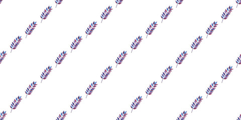 seamless pattern of blue purple turquoise leaves, hand drawn watercolor elements, isolated on white background