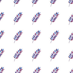 seamless pattern of blue purple turquoise leaves, hand drawn watercolor elements, isolated on white background
