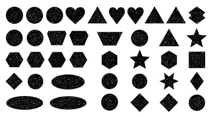 Collection of black geometric shapes with a textured scribble effect on a white background.