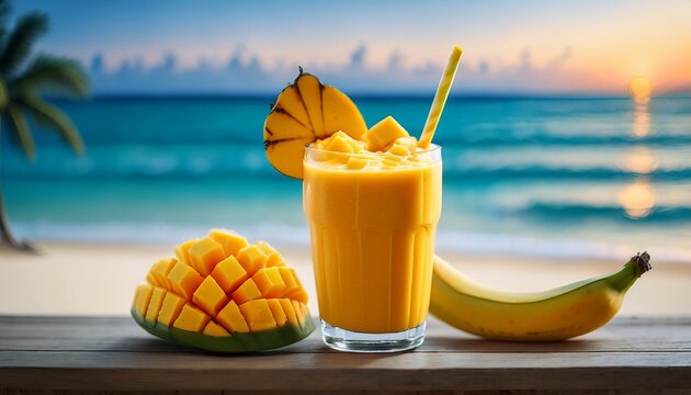 A Mango And Banana Blended Drink Iced With A Tropical Beach Backdrop A Mixed Fruits Beverage Served Chilled A Cool Healthy Refreshing Glass Of Blended Mocktail To Quench A Summer Thirst