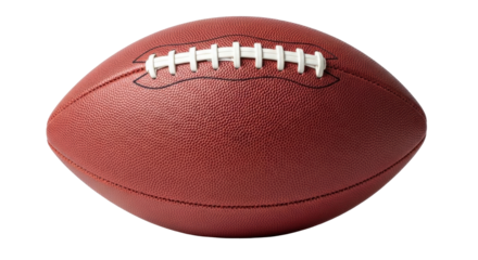 Isolated American football centered, red-brown leather sport item with white stitches detail