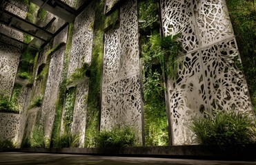Naklejka premium Interior shot of a modern building with a vertical garden. Features patterned walls with plants