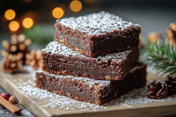 stacked brownies on a wooden board, with a background of a Christmas tree.