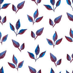 Obraz premium seamless pattern of blue purple turquoise leaves, hand drawn watercolor elements, isolated on white background
