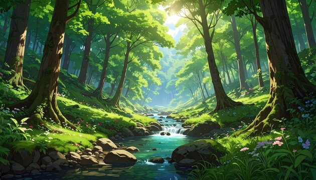 Lush forest path with a babbling brook. Sunlight streams through the canopy