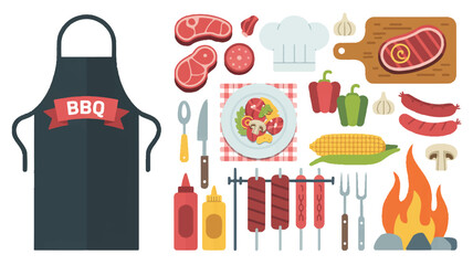 A flat design illustration of a BBQ cooking theme arranged in a collage style 