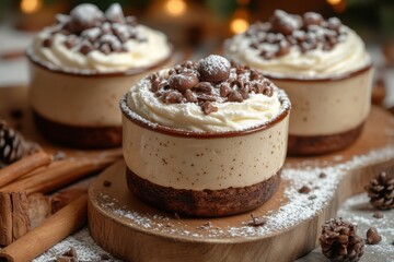 Mini chocolate cheesecakes topped with chocolate and whipped cream.