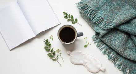 Flat lay of coffee mug, open blank book, cozy blanket, and sleep mask on white background