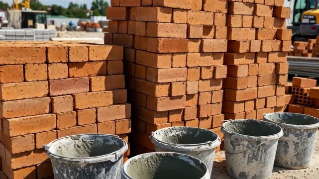 Construction site in the city shows stacks of bricks surrounded by buckets of wet cement and tools during bright daylight