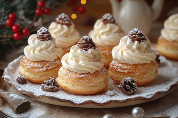 Plate of pastries adorned with frosting and toppings.
