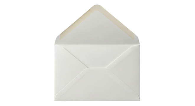 Isolated Ivory blank envelope with open flap, ready for mail. Elegant design, subtle color.