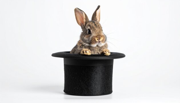 Small brown rabbit peeking from black top hat