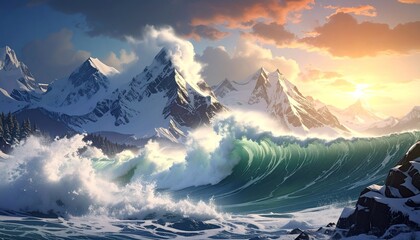 Snowy mountain range meets crashing waves at sunset
