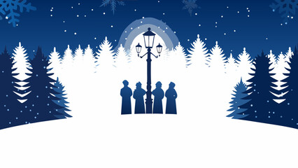 Silhouetted carolers gather under a lamppost on a snowy winter night, surrounded by festive pine trees and falling snowflakes, evoking holiday cheer