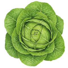 Fototapeta premium Detailed watercolor illustration of a fresh, vibrant green cabbage head isolated on white background