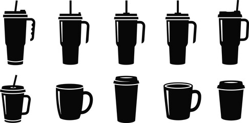 Fototapeta premium Set of Black Silhouette Travel Mugs and Cups Icons with Lids, Handles, Straws – Vector Drinkware Collection for Design Use