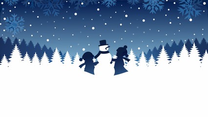 Joyful children build snowman together in a magical winter forest scene, celebrating festive holiday cheer and childhood fun