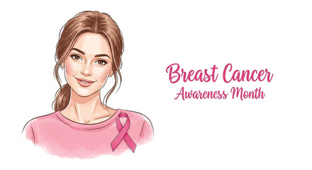 Woman wearing pink shirt with ribbon for Breast Cancer Awareness Month  