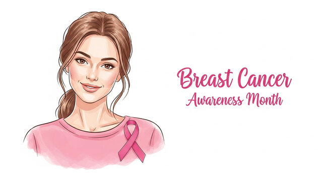 Woman wearing pink shirt with ribbon for Breast Cancer Awareness Month   - Powered by Adobe