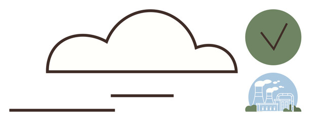 Cloud outline, industrial plant with emissions, green circle with checkmark. Ideal for sustainability, clean energy, industry safety, eco-friendly practices, green certification, carbon-neutral