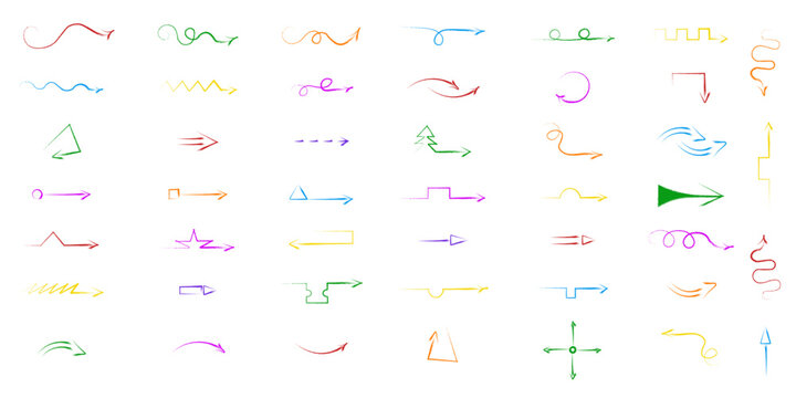 Set vector colorful Charcoal texture Arrows isolated white background. Pencil textured Arrows collection. Simple hand rawn kids colored Arrows set. Perfect social media web design.  