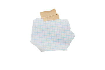 Torn piece of school notebook in a cage with beige tape isolated on white background