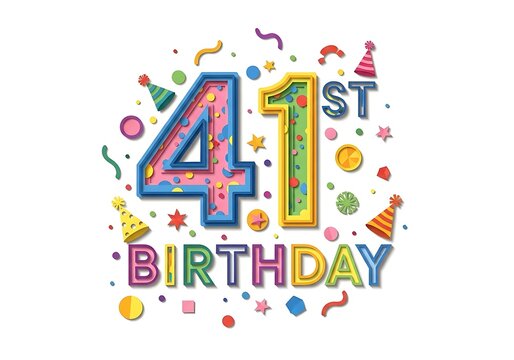 Festive 41st Birthday Greeting with Layered Colorful Patterned Numbers, Party Hats, and Confetti