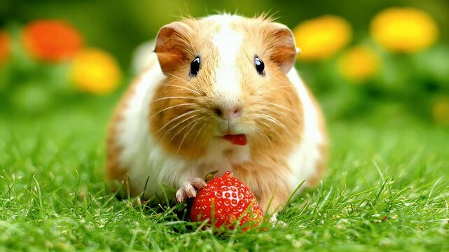 Adorable Guinea Pig Eating Fresh Strawberry on Lush Green Grass