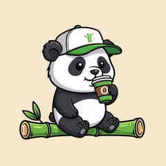 Cartoon panda bear sitting on bamboo, drinking coffee, wearing a cap. © DediGalihWisnumurti