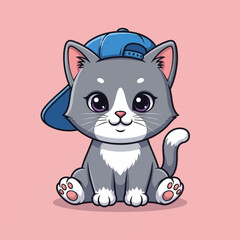 A cute cartoon grey kitten with big purple eyes wearing a blue baseball cap backwards on a pink background.