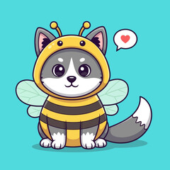 Cute cartoon puppy dressed in a yellow and black bumblebee costume with wings and antennae, sitting with a heart speech bubble.