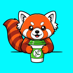 Cartoon red panda holding a green cup with bamboo design on a blue background. © DediGalihWisnumurti