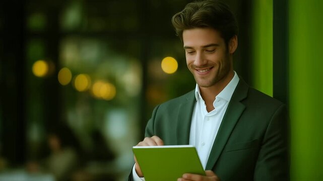 young entrepreneur with MBA certificate reviewing investment proposal on tablet green arrow overlay gentle notification chime optimism three quarter wide angle cinematic color cor
