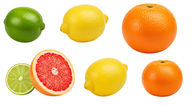 Vibrant citrus fruit selection isolated on transparent background, showcasing limes, lemons, oranges, and grapefruit, ideal for a refreshing and nutritious diet