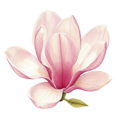Fototapeta premium Delicate watercolor magnolia blossom with pale pink petals and green leaves isolated on white background