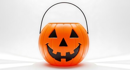 Orange plastic jack o lantern halloween candy bucket with handle