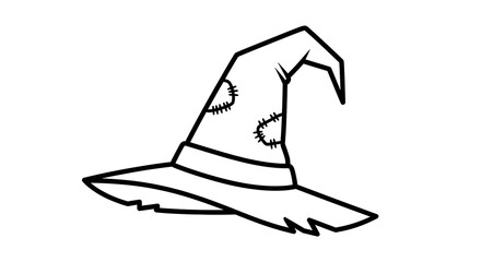 Hand drawn illustration of a classic pointed witch hat with a wide brim