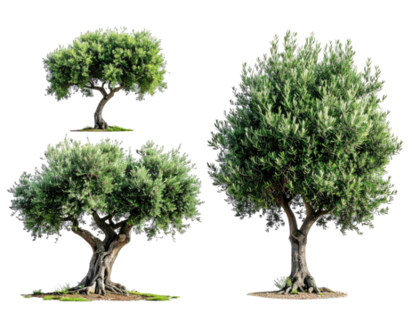 Three olive trees of varying sizes