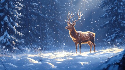Majestic deer winter forest snowfall serenity postcard
