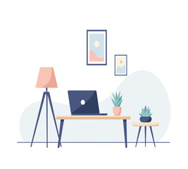 Modern minimalist home office workspace illustration featuring a desk with laptop, chair, books, lamp, and indoor plant. Perfect for concepts of remote work, productivity, creative workplace.